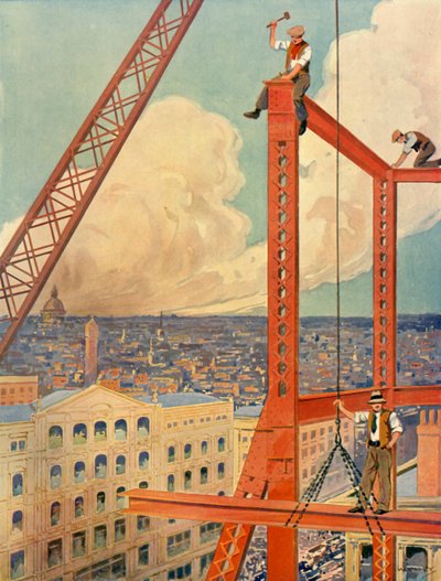 Montaggio delle travi di un enorme nuovo negozio, c1930 da Unbekannt