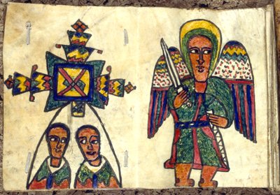 Libro di preghiere etiope che mostra un angelo con una spada e due uomini, probabilmente sacerdoti, XIX secolo da Unbekannt