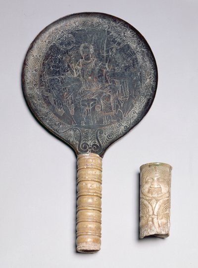 Specchio etrusco con manico in avorio e decorazione incisa raffigurante Ulisse che minaccia Circe; Manico con Gorgoneion in avorio, IV secolo a.C. (bronzo e avorio) da Unbekannt