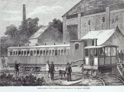 Esperimenti con la carrozza a vapore di Fairlie per brevi distanze, agosto 1869 da Unbekannt
