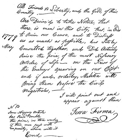 Facsimile di una dichiarazione sulla scarsità di cibo in America, 1779 c1880 da Unbekannt