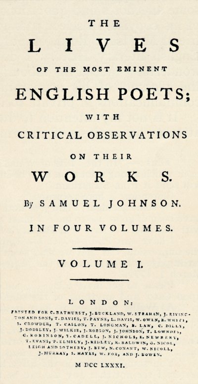 Facsimile della pagina del titolo ridotta di Johnsons Lives of the Poets - come ripubblicata in forma separata da Unbekannt