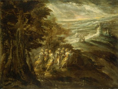 Paesaggio fantastico con figure, fine XVI secolo da Unbekannt