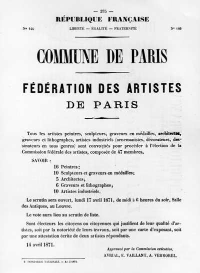 Federazione degli Artisti, dai manifesti politici francesi della Comune di Parigi, maggio 1871 da Unbekannt