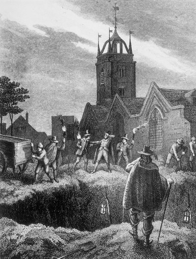 Riempimento di una fossa comune di notte durante la Peste di Londra, c1665 da Unbekannt