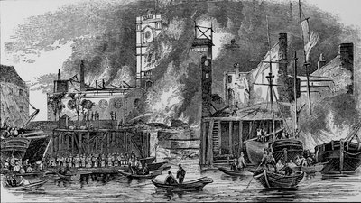 Incendio a Toppings Wharf, London Bridge, 1843, c1843, 1912 da Unbekannt