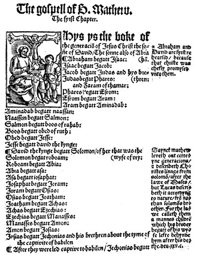 Prima pagina del Vangelo di San Matteo dal Nuovo Testamento inglese di William Tyndale, 1525 da Unbekannt