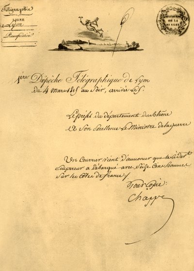 Primo dispaccio telegrafico da Lione, 4 marzo 1815 da Unbekannt