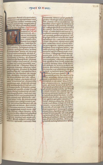 Fol. 205r, Giobbe, iniziale istoriata V, Giobbe sul letamaio con un orecchino d