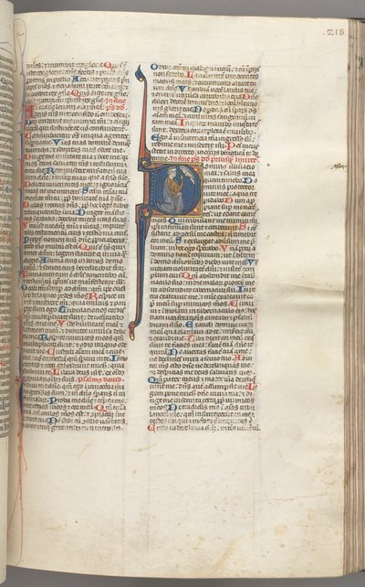 Fol. 218r, Salmo 26, iniziale istoriata D, Davide inginocchiato che indica i suoi occhi, il busto di Dio... da Unbekannt