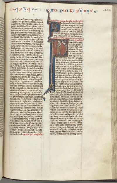 Fol. 452r, Filippesi, iniziale istoriata P, Paolo in piedi con una spada e un rotolo, che parla a t da Unbekannt