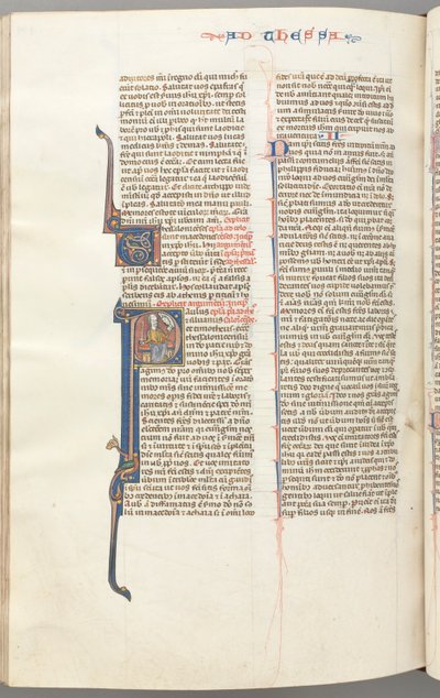 Fol. 454v, Tessalonicesi I, iniziale istoriata P, Paolo seduto con una spada e un libro..., c. 1275-13 da Unbekannt