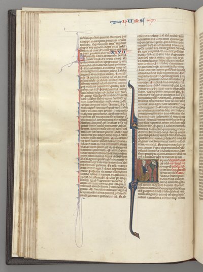 Fol. 46v, Numeri, lettera istoriata L, Mosè con corna, inginocchiato davanti a Dio da Unbekannt