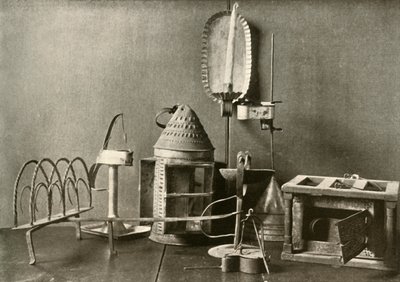 Scaldapiedi, lampade a olio, applique per candele, lanterna di latta e tostapane, XVIII secolo, 1937 da Unbekannt