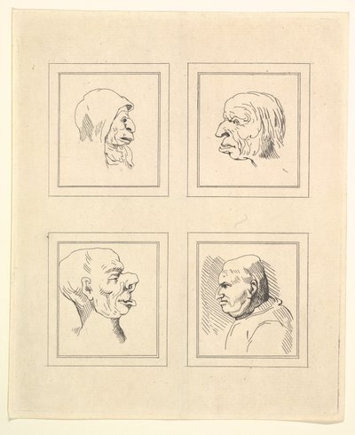 Quattro teste da Caricature di Leonardo da Vinci, da disegni di Wincelslaus Hollar, 1786 da Unbekannt