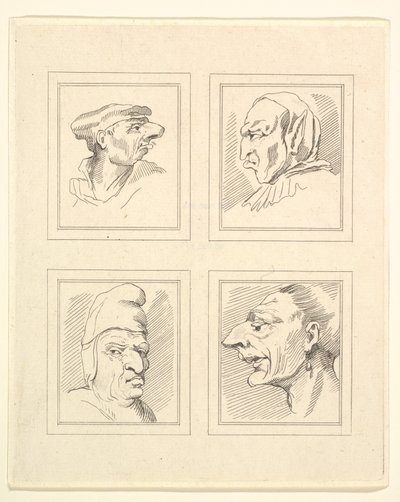 Quattro teste da Caricature di Leonardo da Vinci, da disegni di Wincelslaus Hollar, 1786 da Unbekannt