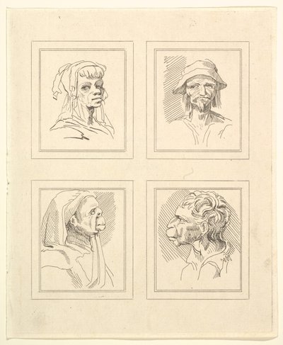 Quattro teste da Caricature di Leonardo da Vinci, da disegni di Wincelslaus Hollar, 1786 da Unbekannt