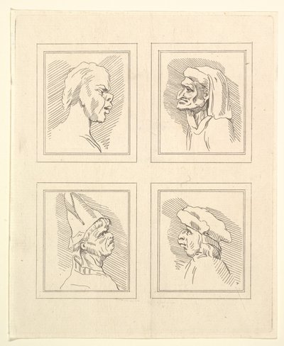 Quattro teste da Caricature di Leonardo da Vinci, da disegni di Wincelslaus Hollar, o..., 1786 da Unbekannt