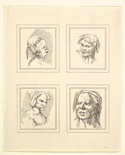 Quattro teste da caricature di Leonardo da Vinci, da disegni di Wincelslaus Hollar, 1786 da Unbekannt