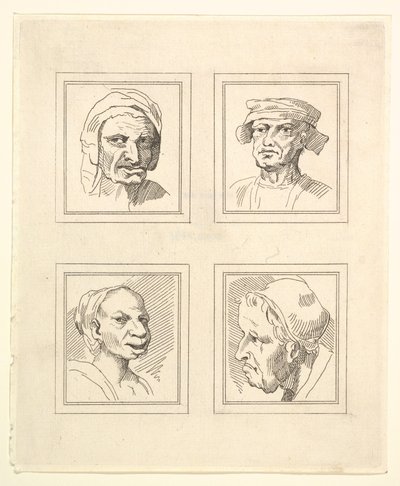 Quattro teste da Caricature di Leonardo da Vinci, da disegni di Wincelslaus Hollar, o..., 1786 da Unbekannt