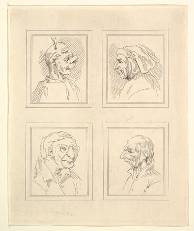 Quattro teste da Caricature di Leonardo da Vinci, da Disegni di Wincelslaus Hollar, o..., 1786 da Unbekannt