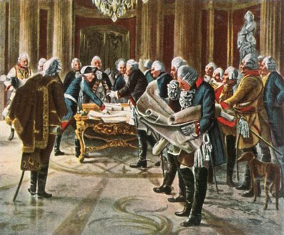 Federico il Grande tiene un consiglio di guerra con i suoi generali, agosto 1756, 1936 da Unbekannt