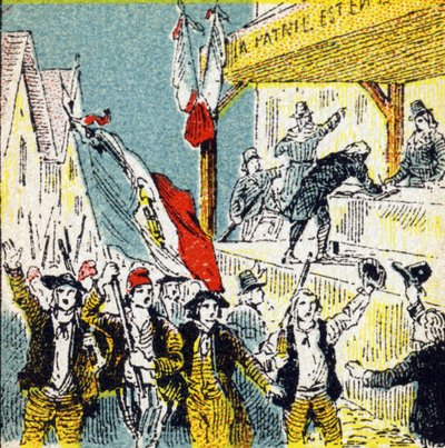 Rivoluzione francese: i corollari volontari dei rivoluzionari. Incisione in "Histoire de France". Serie di immagini pubblicitarie pubblicate per conto di Louit, 24 rue d