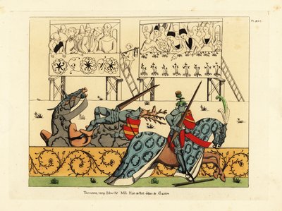 Il cavaliere francese Jean de Saintre con elmo e cresta di cardo sconfigge il cavaliere spagnolo Enguerrant con elmo e cresta di cervo in una giostra dal manoscritto Histoire de Petit Jehan de Saintre, fine XV secolo da Unbekannt