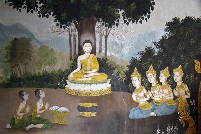 Affresco che raffigura una scena della vita del Buddha nel Wat Phra Doi Suthep, Chiang Mai. Buddha che riceve elemosine. Thailandia da Unbekannt