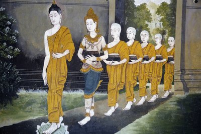 Affresco che raffigura una scena della vita del Buddha nel Wat Phra Doi Suthep, Chiang Mai. Buddha e monaci in un giro di elemosina. Thailandia da Unbekannt