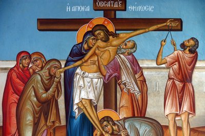 Affresco nella chiesa della Santa Croce, Pedoulas. Lamento intorno a Gesù Cristo sulla croce, 20150510, Pedoulas, Cipro da Unbekannt