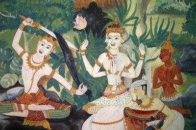 Affresco nel Wat Ampharam, Hua Hin, Thailandia. Buddha che si taglia i capelli e rinuncia alla sua vita precedente. da Unbekannt