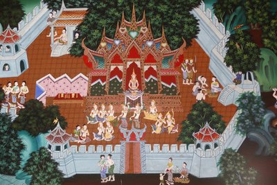 Affresco nel Wat Ampharam, Hua Hin, Thailandia. Temiya Jataka, anche chiamato Muga-Pakkha Jataka, una delle vite precedenti del Buddha. da Unbekannt