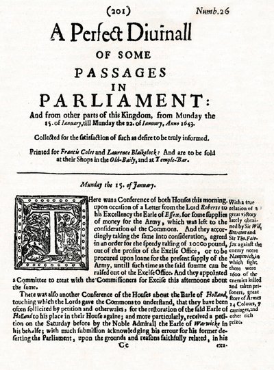 Prima pagina di A Perfect Diurnall of Some Passages in Parliament, 1643 da Unbekannt