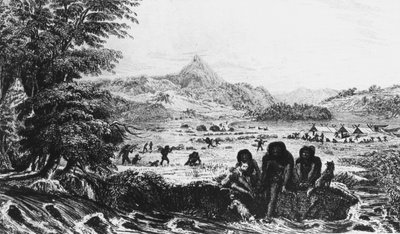 Fuegini a Woollya, con il campo della spedizione Fitzroy sullo sfondo da Unbekannt