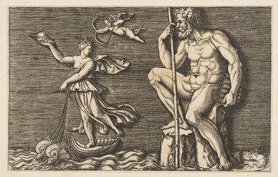 Galatea che sfugge a Polifemo, seduto su una roccia con un bastone e flauti da Unbekannt