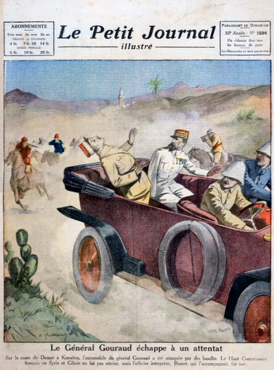 Il generale Gouraud sfugge a un tentativo di assassinio sulla strada da Damasco a Kunaitra, 1921 da Unbekannt