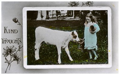 Ragazza che sta per mungere una mucca, cartolina di auguri, c1890-1910 da Unbekannt