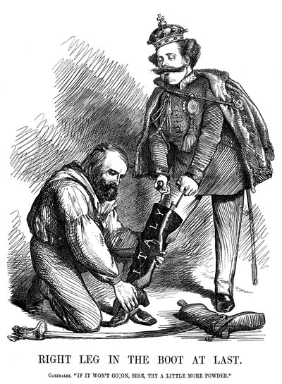 Giuseppe Garibaldi aiuta Vittorio Emanuele II a indossare lo stivale d