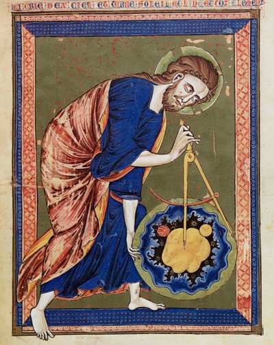 Dio, il Divino Architetto. Illustrazione dalla Bible moralisée, Codex Vindobonensis 2554, c.1250 (pergamena) da Unbekannt