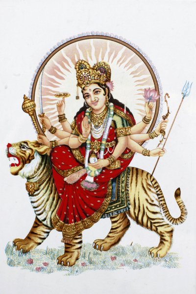 Dea Sherawali (Durga) che cavalca una tigre, Rishikesh, India da Unbekannt