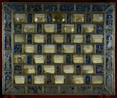 Orafo: staurotheque o reliquiario gotico del XIV secolo a forma di giochi di scacchi di Carlo Magno, argento, oro e smalto realizzato a Montpellier. Roncesvalaux. Navarra. Spagna. da Unbekannt
