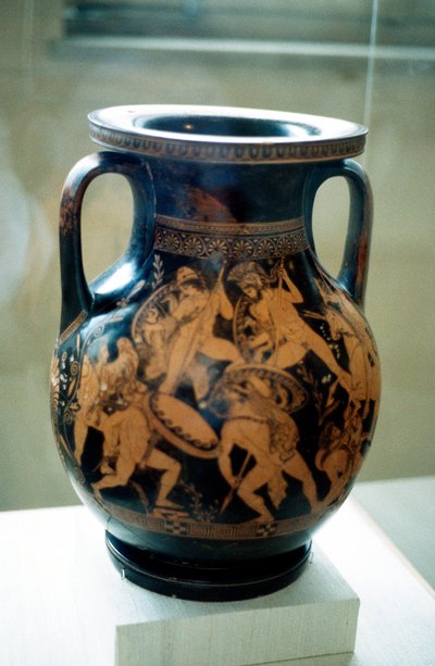 Vaso greco decorato con figure di guerrieri che combattono da Unbekannt