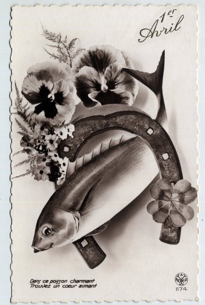 Biglietto di auguri per il 1° aprile: un pesce, un ferro di cavallo, un quadrifoglio e pensieri - Cartolina fine XIX-XX secolo da Unbekannt