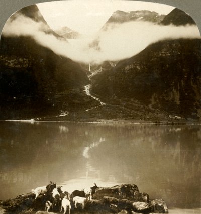 Ghiacciaio Grytereids che brilla sopra le nuvole fluttuanti, sopra il placido Lago Olden, Norvegia, c1905 da Unbekannt