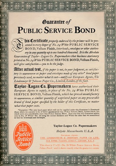 Garanzia del Bond di Servizio Pubblico - Pubblicità di Taylor-Logan Co. Papermakers, 1919 da Unbekannt