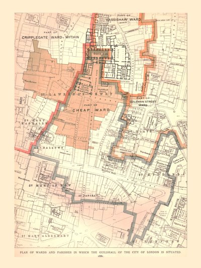 Guildhall City di Londra. Piano dei quartieri e delle parrocchie, 1885 da Unbekannt