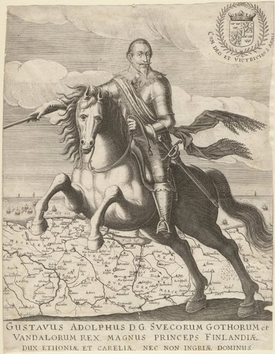 Gustavo Adolfo davanti alla mappa della Pomerania sullo sfondo, 1630 da Unbekannt