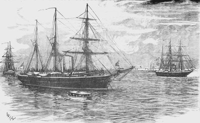 HMS Iris, con le cannoniere Beacon e Decoy, bloccando Damietta, c1882 da Unbekannt