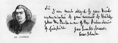 Scrittura e firma del Dr. Johnson da una lettera a Mr. Nichols, 10 gennaio da Unbekannt